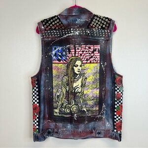 Upcycled Battle Vest L/XL Artistic Denim Vest Rare RHCP 90s Graphic Punk Rocker